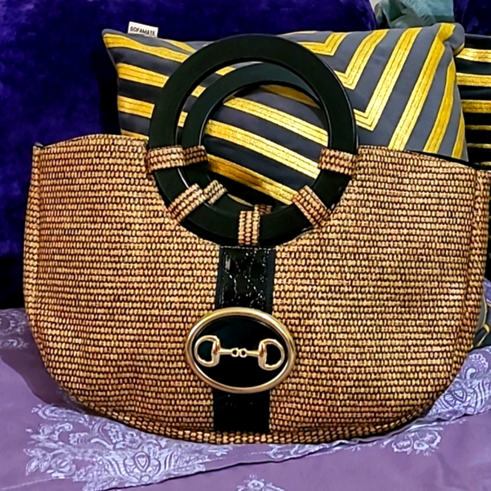 BRACIANO Vintage Woven Handbag Purse Woodhandles Gold Details Tote